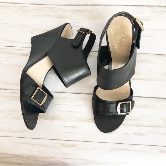 Vince Camuto Shoes - Vince Camuto black wedge heel with gold buckle